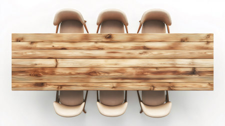 Top view of a large wooden meeting table with beige chairs on a white background, ideal for business and office conceptsの素材