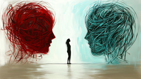 Woman is standing between two large abstract faces representing the difficult choices she's facingの素材