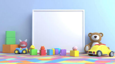 3d rendering of a playful children's room with a blank frame, colorful toys and a vibrant carpetの素材