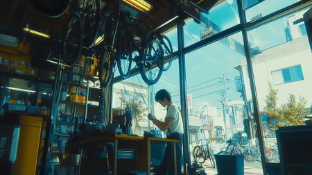 Young mechanic working on bicycle components in a well equipped repair shop, surrounded by tools and spare partsの素材