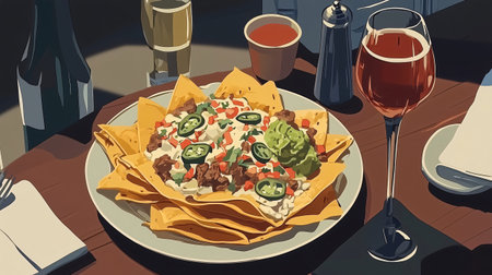 Plate of nachos with melted cheese, guacamole, jalapeno peppers and other toppings, served on a restaurant table with drinksの素材