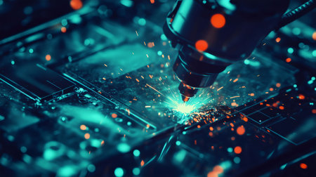 Robotic arm welding a circuit board, generating sparks, in a futuristic, automated factory setting, showcasing advanced manufacturing technologyの素材