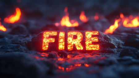 Glowing fire text burning in dark volcanic landscapeの素材