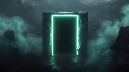 Green mist swirling around a glowing rectangular portal emerging from rough rock in a dark fantasy landscapeの素材
