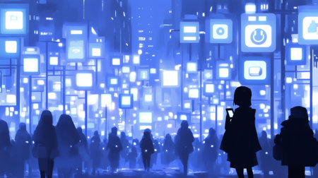 People navigating a futuristic cityscape enhanced by brain computer interfaces, seamlessly merging technology and urban lifeの素材