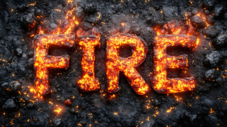 Burning fire title with orange flames on dark background, ideal for concepts related to fire, heat, and dangerの素材