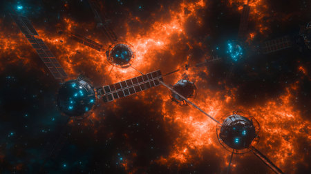 Satellites are exploding in a fiery nebula, creating a scene of cosmic destruction and space debrisの素材