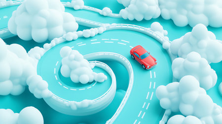 Red car cruising on a winding road above the clouds in a surreal, dreamy landscape, illustrating concepts of travel, journey, and aspirationの素材