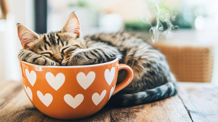 Adorable kitten taking a nap curled up inside a warm, heart patterned coffee cup, enjoying a moment of tranquilityの素材