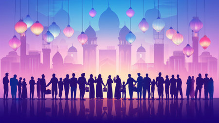 Silhouette of muslim people gathering in a community celebration in front of a mosque at sunset during ramadanの素材