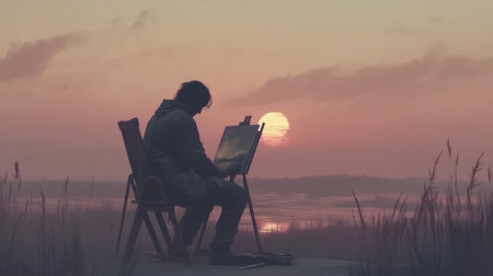 Artist painting a beautiful sunset in peaceful countrysideの素材