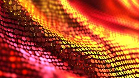 Shimmering abstract background featuring metallic rows of circles creating a dynamic, flowing pattern with a gradient of warm colorsの素材