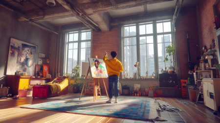 Painter working in his New York art studio with large windows and city viewの素材