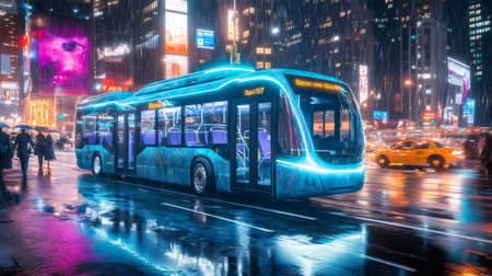 Futuristic electric bus driving on a rainy street at night in Times Square, New York City, with pedestrians walking on the sidewalkの素材