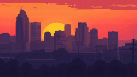 Pixel art illustration of a city skyline during a vibrant sunsetの素材