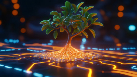 Glowing roots of a small tree growing from a microchip on a circuit board represent the concept of green technologyの素材