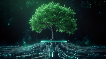 Lush green tree growing from futuristic circuit board, symbolizing green technology and sustainable computingの素材