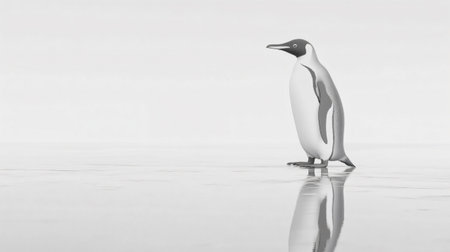 Emperor penguin walking on thin layer of ice with reflection, antarcticaの素材