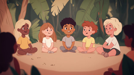 Five children are sitting in a circle on the ground, enjoying their time together surrounded by lush foliageの素材