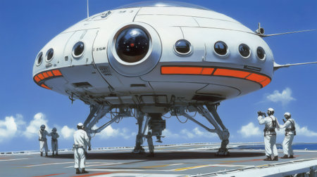 Futuristic aircraft is landing on the deck of an aircraft carrier, while ground crew personnel are guiding itの素材