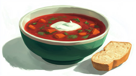 Vibrant bowl of borscht, garnished with sour cream and served with a slice of bread, offers a comforting and flavorful culinary experienceの素材
