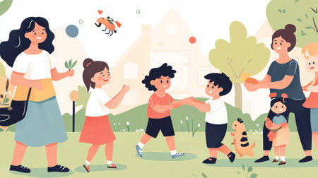 Children playing happily in a park, enjoying a sunny day with their parentsの素材