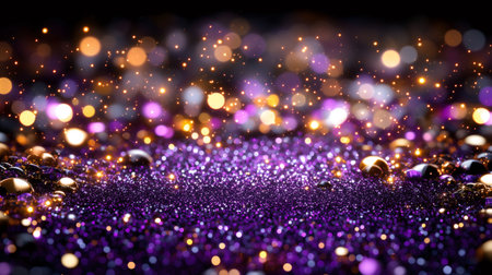 Glittering purple background with golden bokeh lights creating a festive and magical atmosphereの素材