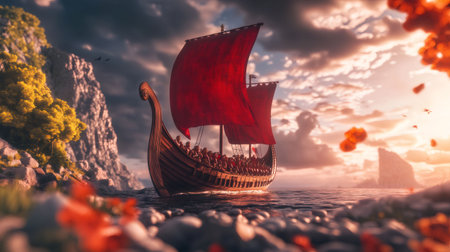 Majestic Viking longship with red sail approaching rocky shore at sunset, carrying warriors, creating epic, historical sceneの素材