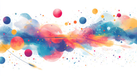 Vibrant watercolor splashes and colorful spheres creating an abstract composition on a white backgroundの素材