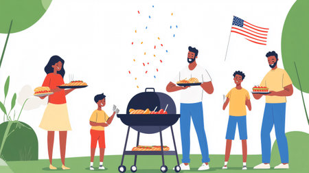 Family is celebrating independence day with a barbecue, enjoying delicious food and quality time togetherの素材
