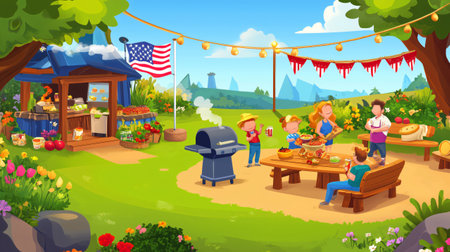 Family is enjoying a summer barbecue party in their backyard, with food, drinks, and festive decorationsの素材