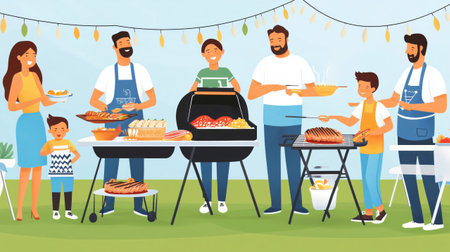 Family is gathering together to have a barbecue party in their backyardの素材