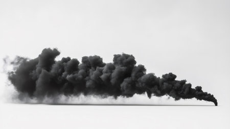 Black smoke cloud is raising from fire on white backgroundの素材