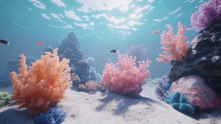 Sunlight filters through the ocean surface, illuminating a diverse coral reef ecosystem teeming with colorful marine lifeの素材