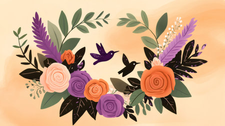 Lush floral heart shaped arrangement with two hummingbirds flying over it, perfect for wedding invitations or romantic occasionsの素材