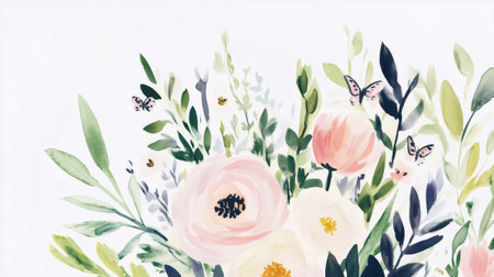 Watercolor painting showcasing a lush garden scene with colorful flowers and delicate butterflies, creating a serene and romantic ambianceの素材