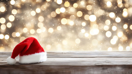 Red Santa Claus hat placed on wooden table with golden bokeh background, ideal for Christmas projectsの素材