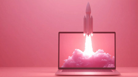 Pink rocket launching from laptop screen into pink clouds, symbolizing business startup, innovation, and growthの素材
