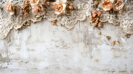 Vintage romantic background with dried flowers and lace on white wooden planks, ideal for wedding card designsの素材