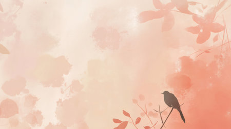 Delicate pastel background featuring a bird resting on a branch, with floral elements, creating a serene and natural atmosphereの素材