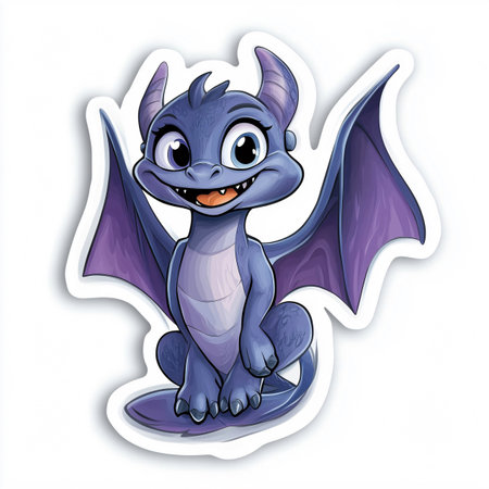 Adorable smiling baby dragon with purple wings and big eyes, perfect for children's products or fantasy designsの素材