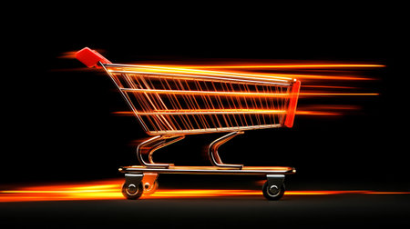 Empty shopping cart speeding across a dark background with orange motion blur trails, representing fast delivery and online shoppingの素材