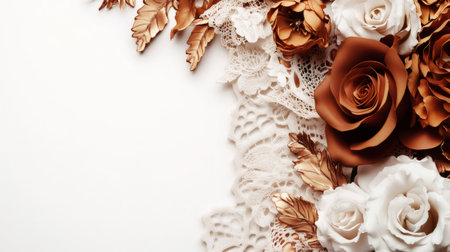 White and gold paper flowers and leaves create a romantic border on white background with lace, ideal for wedding invitations or elegant stationeryの素材