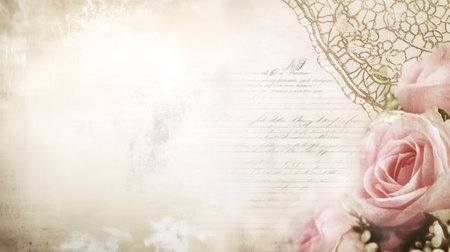 Vintage background perfect for wedding invitations, featuring pink roses, handwritten letter and lace with copy spaceの素材