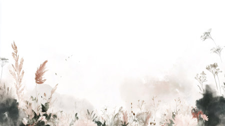 Romantic watercolor painting featuring delicate flowers, grasses, and birds soaring in the sky, perfect for wedding invitations or nature inspired designsの素材