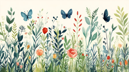 Lush garden with colorful flowers, leaves, and butterflies flying, creating a vibrant and enchanting natural sceneの素材