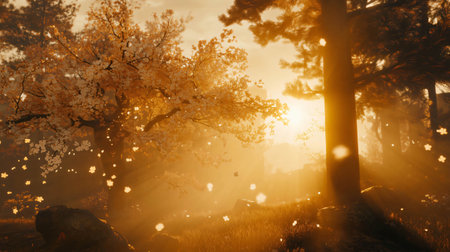 Petals falling from cherry blossoms during a golden hour sunset in a misty, dreamy, pastel toned anime style forestの素材
