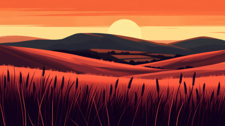 Minimalist vector illustration of a red sunset illuminating wheat field and rolling hills landscapeの素材