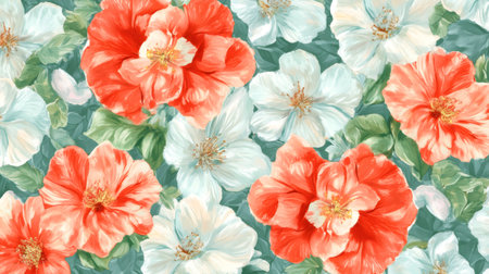 Seamless floral pattern showcasing a vibrant mix of red and white flowers interspersed with lush green leaves, creating a captivating designの素材