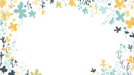 Hand painted watercolor flowers and leaves frame a white background, offering space for personalized text or design elementsの素材